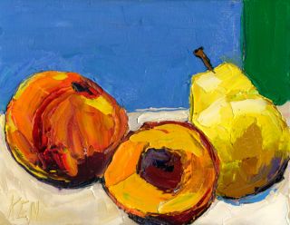 Peach Half and Pear Still Life Food Fruit Oil Painting Palette Knives Ken 8x10  