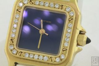 Cartier Santos 18K Gold VS1 F Diamond Automatic Ladies Watch w RARE Blue Dial  