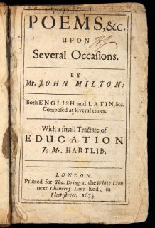 John Milton Poems on Several Occasions 1673 Lycidas Sonnets IL Penseroso No Res  