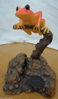 Original John Perry Tree Frog Sculpture Art Figurine Burl Wood Orange Red Art  