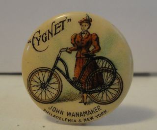 Vintage Stoddard Cygnet Bicycle Celluloid Advertising Pinback Antique Wanamaker  