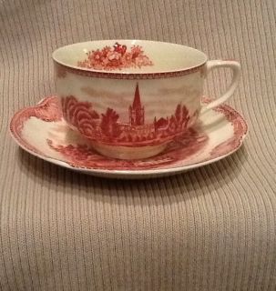 Johnson Bros Red Pink Transfer China Cup Saucer Set Old Britain Castles  