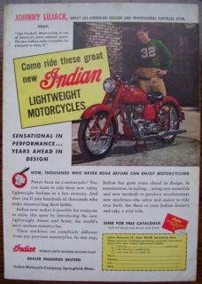 1948 Indian Motorcycle Ad w Johnny Lujack Chicago Bears Pro Football Player  