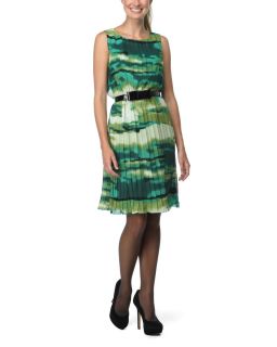 MARINA Green Printed Pleated Belted Dress  