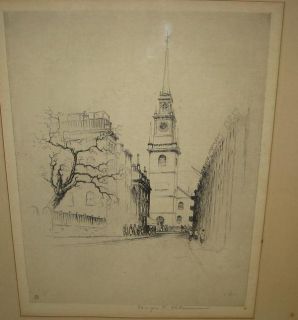ANTIQUE LISTED GEORGE PLOWMAN OLD NORTH CHURCH STEEPLE BOSTON CITY ETCHING  