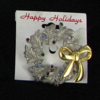 New Christmas Wreath Pin of Pewter and Rhinestones Gold Tone Bow Xmas Jewelry  