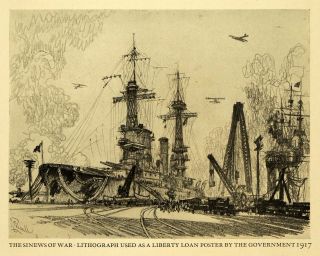 1925 Print Sinews War Liberty Loan Poster Joseph Pennell Money Ship Wartime Art  