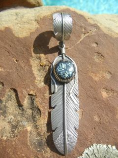Large Feather Pendant with Lander Blue Turquoise Signed L Juan