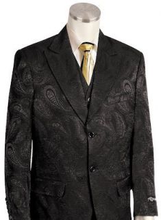 IL CANTO Mens Elegant Black Printed Paisley 3 Piece 2 Button Suit w