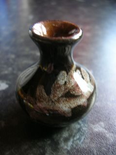Kenilworth Pottery Miniature Dark Brown Glazed Vase with Leaf