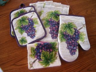 PC Set Kitchen Towels Dish Cloth Pot Holders Purple Grapes