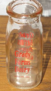 Vintage Glass Milk Bottle One Pint Grady Farms Dairy Waterloo IA Iowa