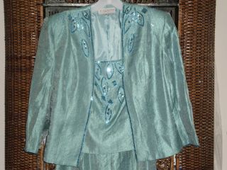 KM COLLECTIONS BY MILLA BELL AQUA BLUE BEADED GOWN AND JACKET LINED