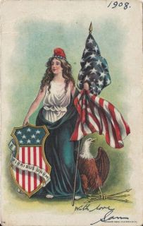 1908 Patriotic Postcard Lady Liberty with Shield Bald Eagle
