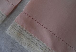 Pair Vintage Pink Linen Guest Hand Towel Net Lace Edge Fringe