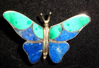 LAPIS AND MALACHITE BUTTERFLY PENDANT OR BROOCH 970 MEXICAN SILVER NOT