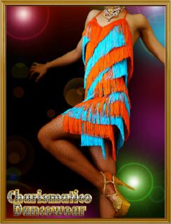 Blue Orange Flapper Diva Rock Salsa Latin Fringe Dance Dress