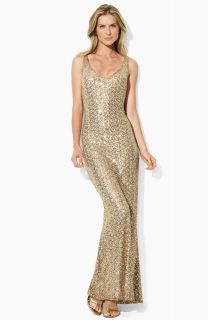New Lauren by Ralph Lauren Sleeveless Gold Sequin V Neck Evening Gown
