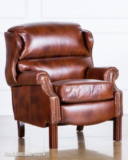  FURNITURE WILLIAMSPORT CHIPPENDALE WINGBACK BROWN LEATHER RECLINER