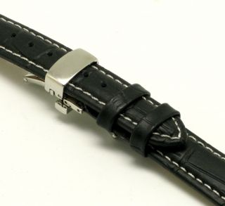 16mm Black White Leather Watch Band Deployment Clasp for Hamilton
