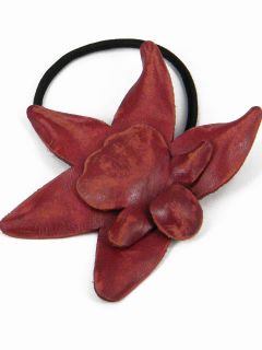Leather Orchid Flower Ponytail Holder Hair Tie Bow DCA1 Red