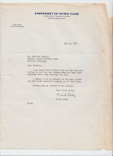1941 Coach Frank Leahy Signed Football Letter Notre Dame Autograph