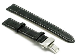 18mm Leather Watch Band Croco Deployment Clasp Black