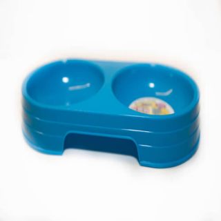 New Pet Dog Cat Plastic Double Dish Water Food Bowl Feeder Blue 4 5 w