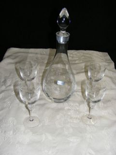 Vintage Glass Decanter 4 Goblets Etched Bohemia Crystal
