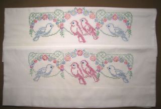 Vtg 40s Embroidered Pillowcases Bluebirds Plus