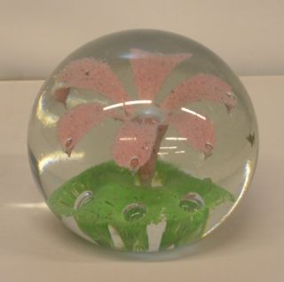 Vintage Murano Cased Art Glass Pink Lily Round Paperweight
