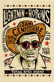 Big Lightnin Hopkins Blues Folk Art Poster Art by Grego Mojohand 12x18