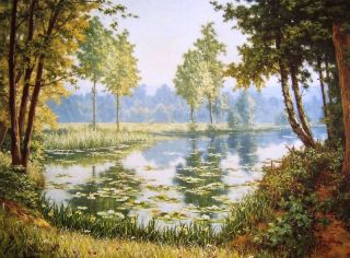 Henri Biva Still Waters Lily Pond Landscape Trees Print
