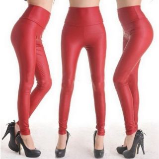 Red Leggings Pants Faux Leather Like Liquid Leggings Wet Look