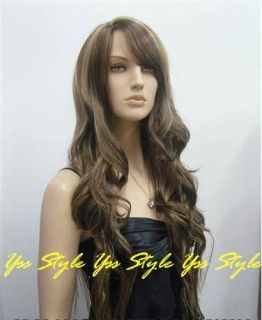 Extra Long Wavy Medium Brown w Highlight Salon Wigs Hair A11