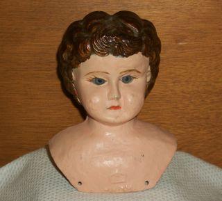 ANTIQUE OLD METAL TIN JUNO MOLDED SHOULDER DOLL HEAD ONLY W BLUE GLASS