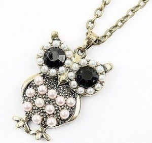 Fashion Women Persian MIA Retro Diamond Pearl Owl Long Necklace