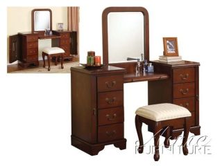 Acme Furniture Louis Philippe Cherry Makeup Vanity Bench Chair Mirror