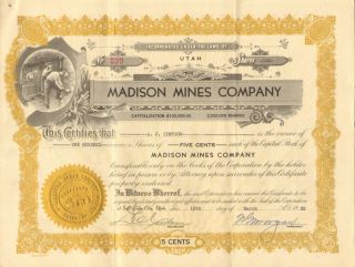 Madison Mines Company Salt Lake City Utah Mining Stock Certificate