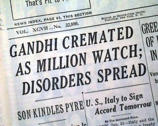 Mahatma Gandhi Death Funeral Pyre 1948 Old Newspaper