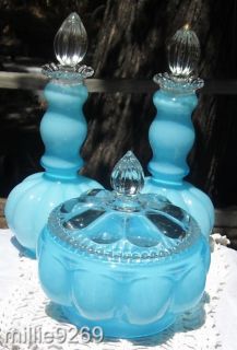 Fenton Blue Cased, Silver Crest Glass Vanity 2 Perfumes1 Powder #192