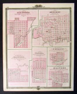 1875 Iowa Map Denison Glenwood Malvern Hastings Clarke