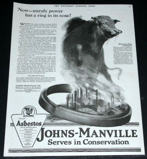 1920 Old Magazine Print Ad Johns Manville Asbestos Bull Art