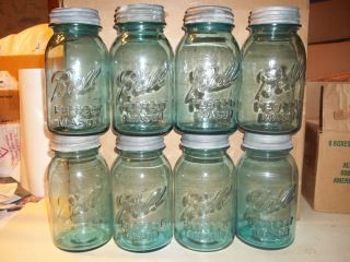 Lot of 8 Antique Blue Ball Perfect Mason Quart Jars Vintage with Zinc
