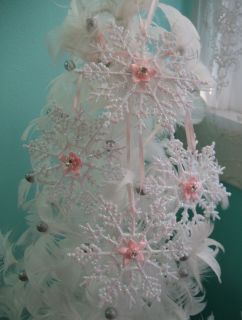 Shabby White & *PINK SNOWFLAKE* GLITTER Xmas Ornaments COTTAGE CHIC