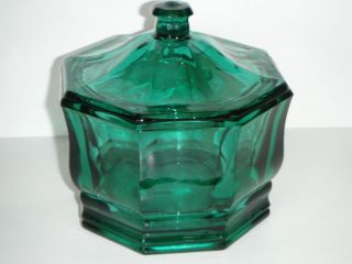 VINTAGE INDIANA GLASS BLUE GREEN OCTAGON CANDY DISH /BOWL WITH LID