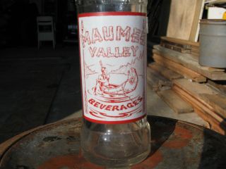 Vintage ACL Red White Maumee Valley Glass Soda Bottle Indian in Canoe