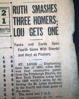 Yankees Win World Series Babe Ruth 3 Hrs 1928 Newspaper