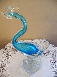 Mexico Large Tall Heavy Cristal Murano Blue Clear Glass Bird Sculpture