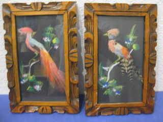 Vtg Pair Small Mexican Folk Art Bird Feather Craft Keaton Importing Co